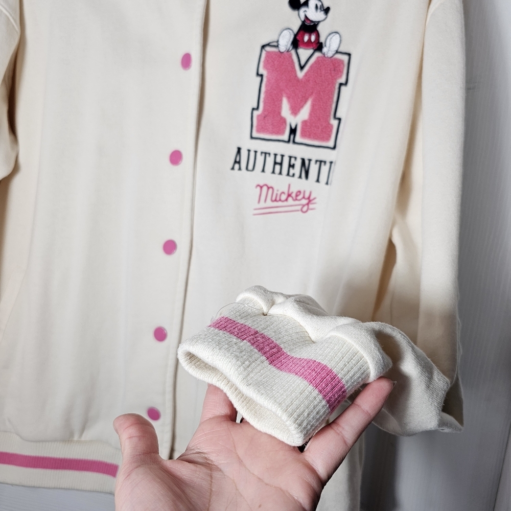 DISNEY MICKEY MOUSE XL Bomber Varsity Embroidered Jacket Pink Ivory Buttoned - Picture 9 of 13